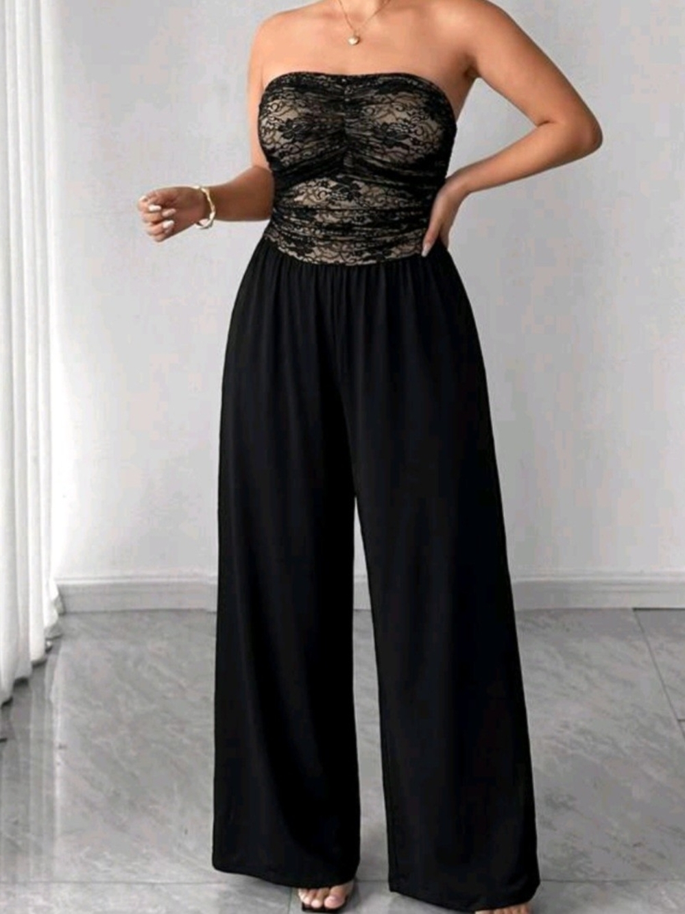 Strapless Lace-Trim Wide-Leg Jumpsuit - Black